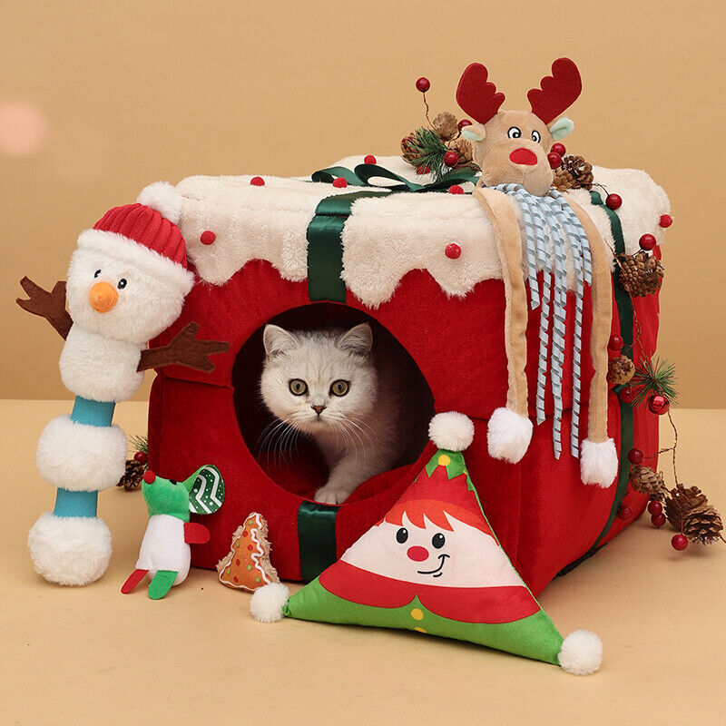 3-in-1 Pet Christmas Gift Holiday Dog Plush Bed Cave House