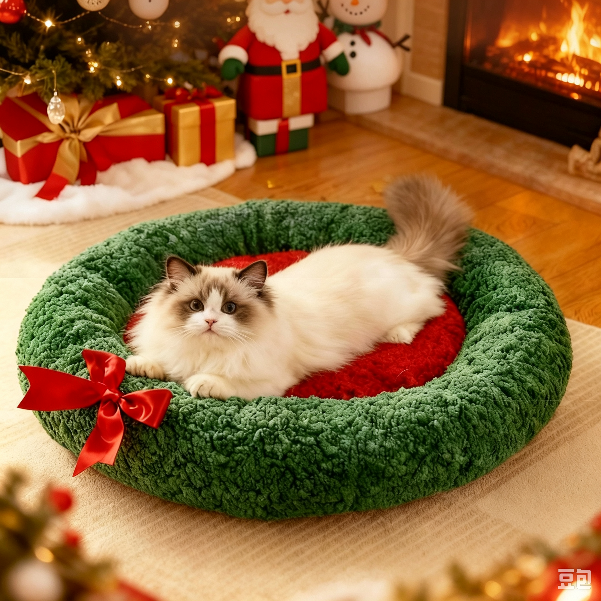 OEM/ODM Christmas Pet Plush Holiday Wreath Cozy Donut Dog Bed