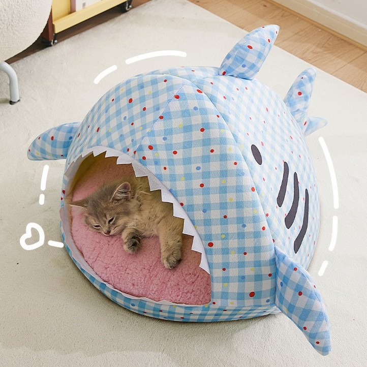 Shark Enclosed Plush Pet Cat Cave Bed with Removable Cushion