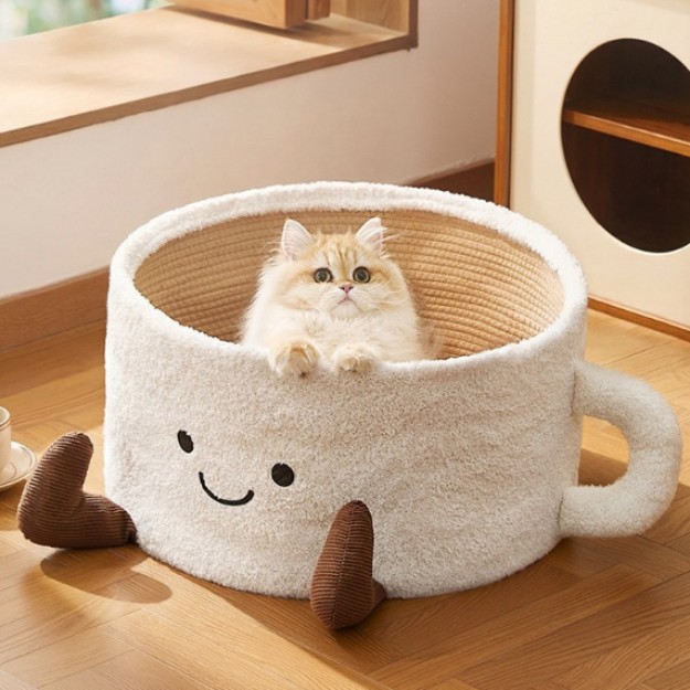 Cartoon Teacup-Style Plush Fleece Pet Basket Dog Cat Bed