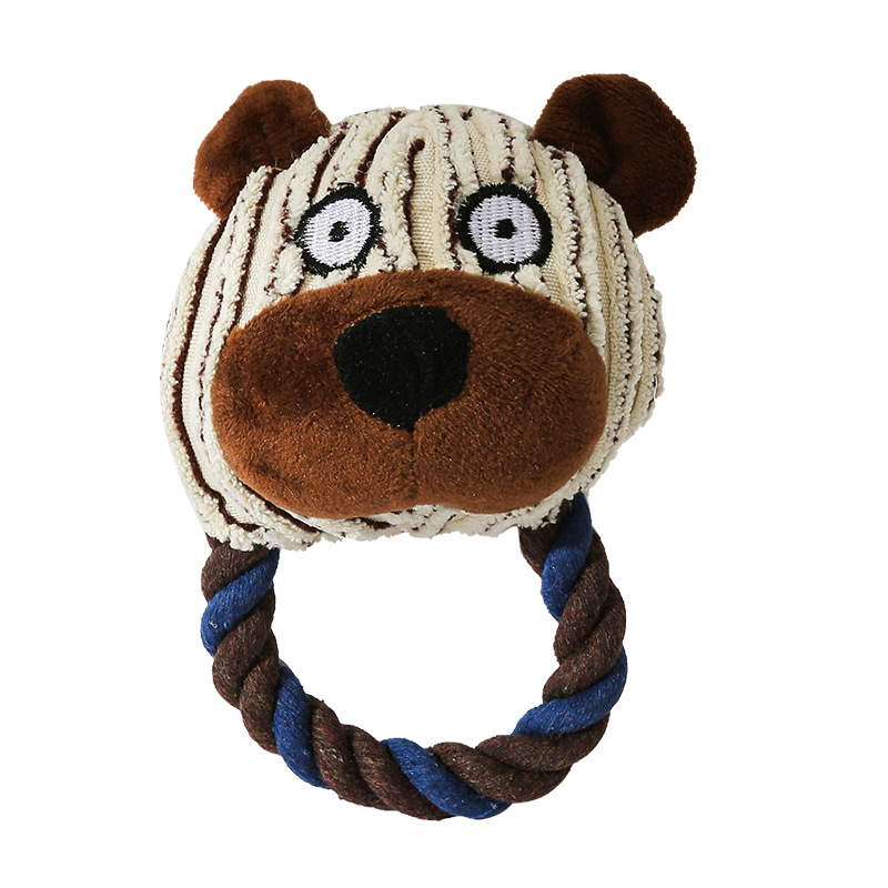 Custom Plush Animal Head Pet Dog Squeaky Chew Rope Teething Toy