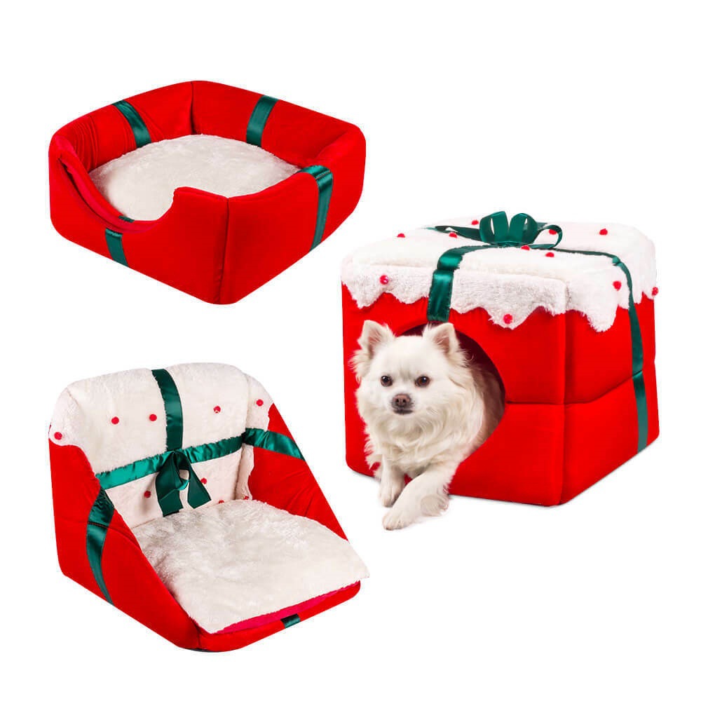 3-in-1 Pet Christmas Gift Holiday Dog Plush Bed Cave House