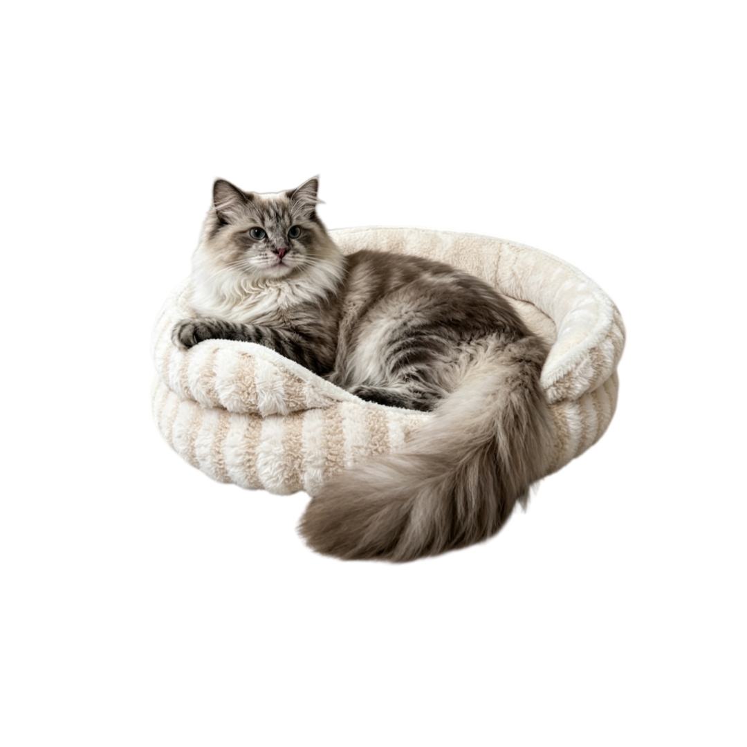 Luxury Striped Fluffy Pet Bed Warm Soft Round Cozy Cat Sleeping Nest
