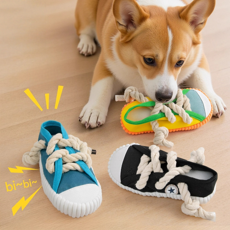 Custom Pet Plush Sneaker Shoe Dog Squeaky Rope Teething Toy