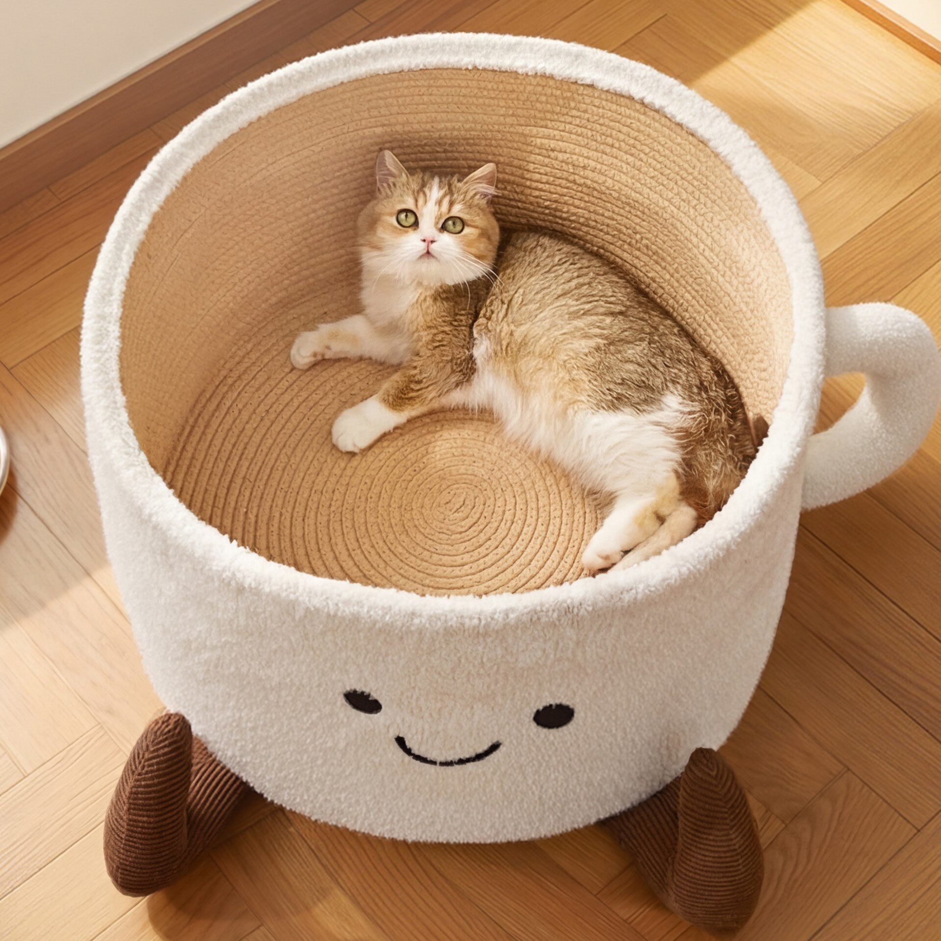 Cartoon Teacup-Style Plush Fleece Pet Basket Dog Cat Bed
