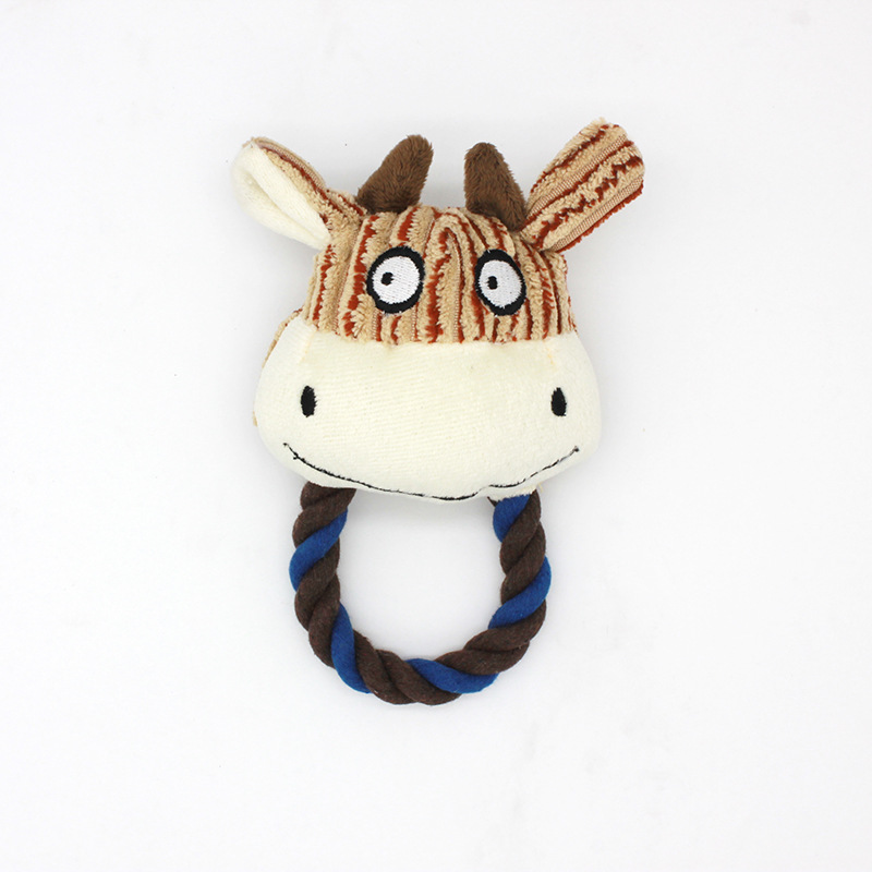 Custom Plush Animal Head Pet Dog Squeaky Chew Rope Teething Toy