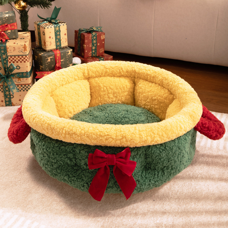 Festive Holiday Christmas Plush Furry Donut Pet Dog Warm Bed