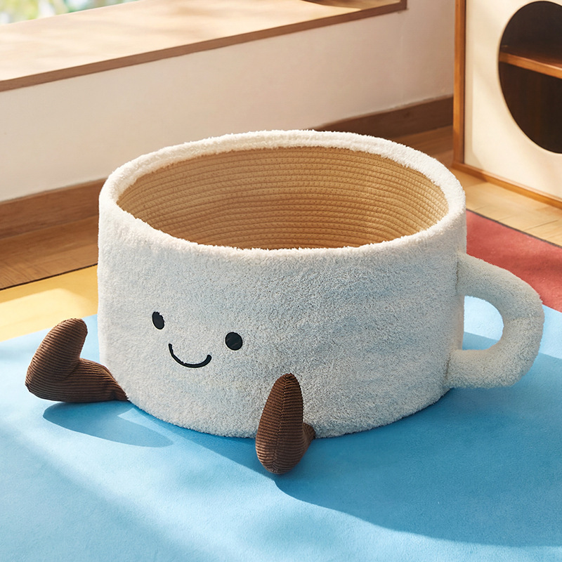 Cartoon Teacup-Style Plush Fleece Pet Basket Dog Cat Bed