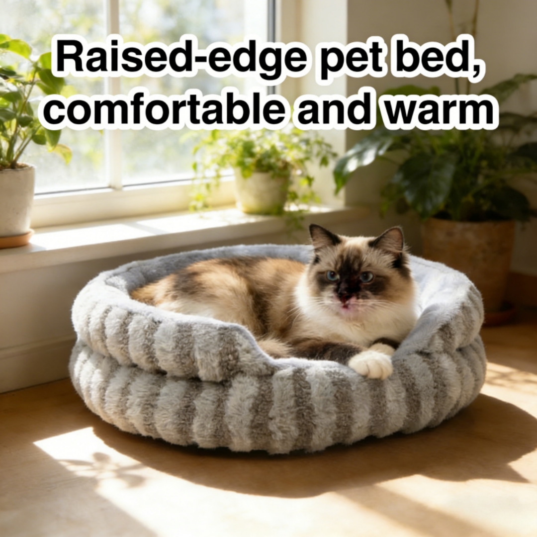 Luxury Striped Fluffy Pet Bed Warm Soft Round Cozy Cat Sleeping Nest