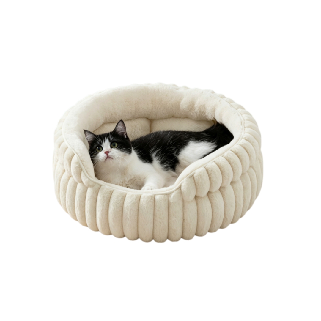 Luxury Striped Fluffy Pet Bed Warm Soft Round Cozy Cat Sleeping Nest