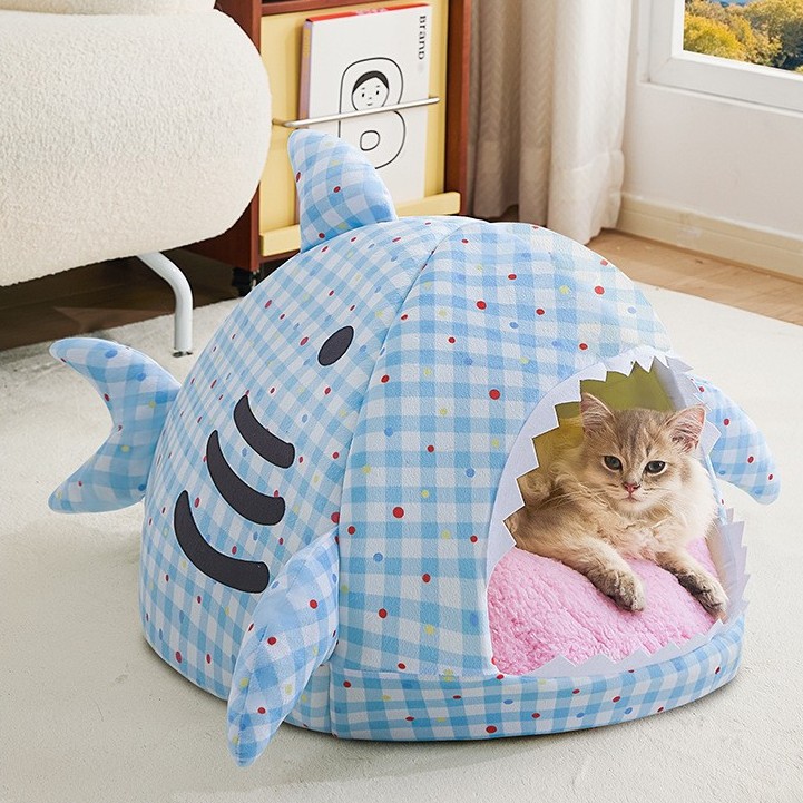 Shark Enclosed Plush Pet Cat Cave Bed with Removable Cushion
