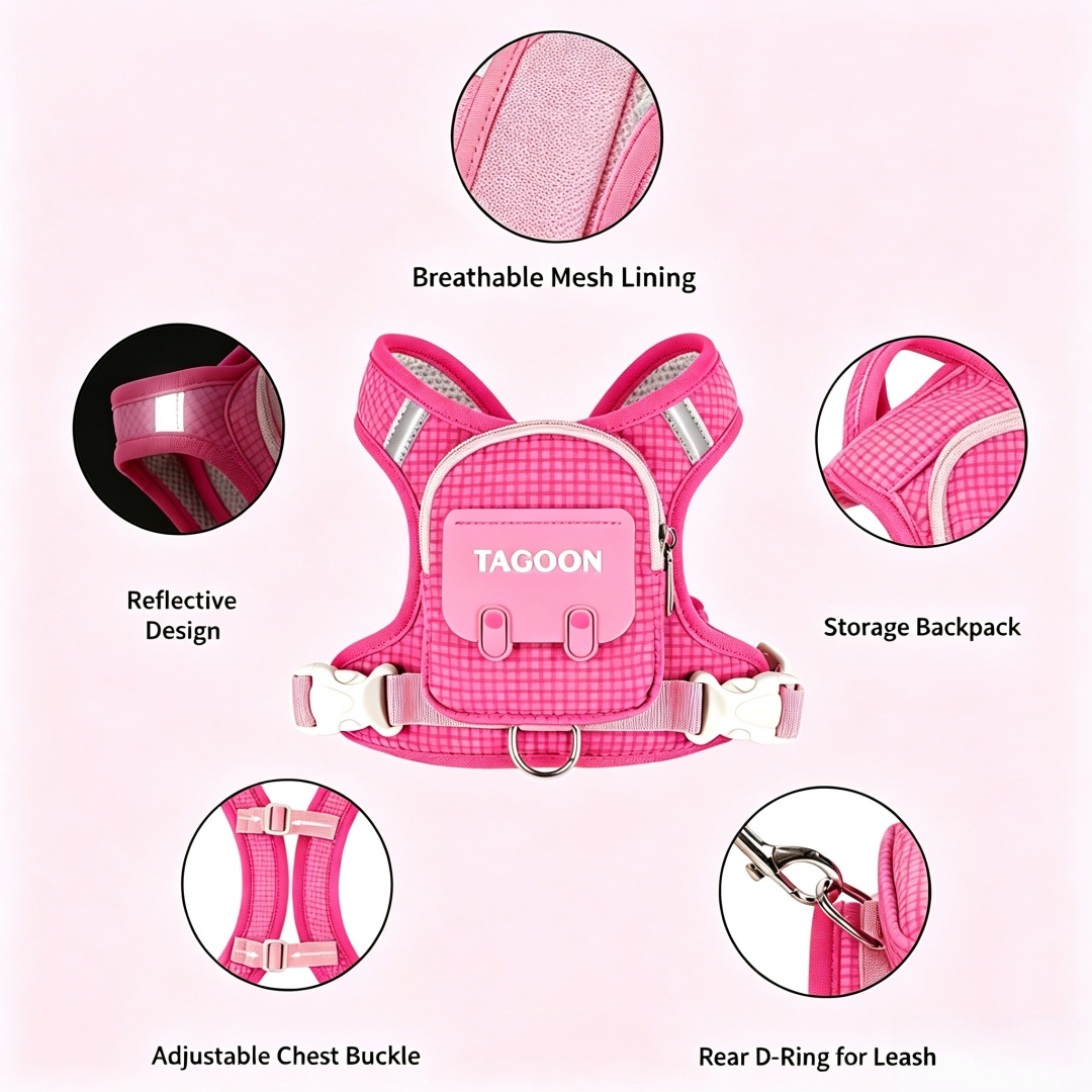 Cute Plaid Dog Harness Mini Backpack Adjustable Reflective Puppy Walking Vest