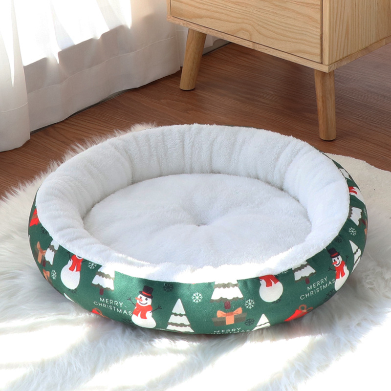 Festive Holiday Christmas Plush Furry Donut Pet Dog Warm Bed