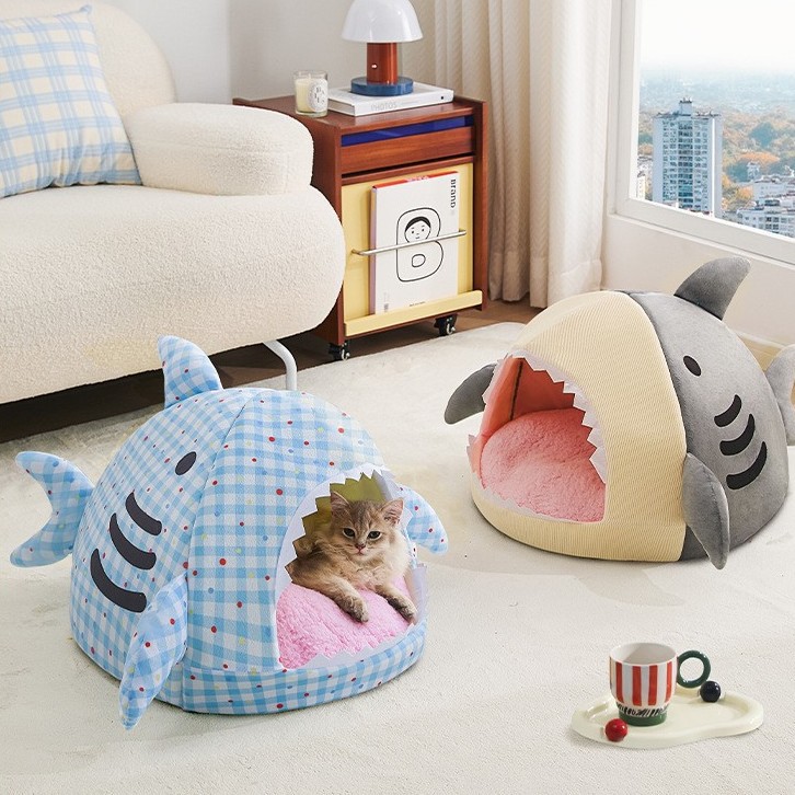 Shark Enclosed Plush Pet Cat Cave Bed with Removable Cushion