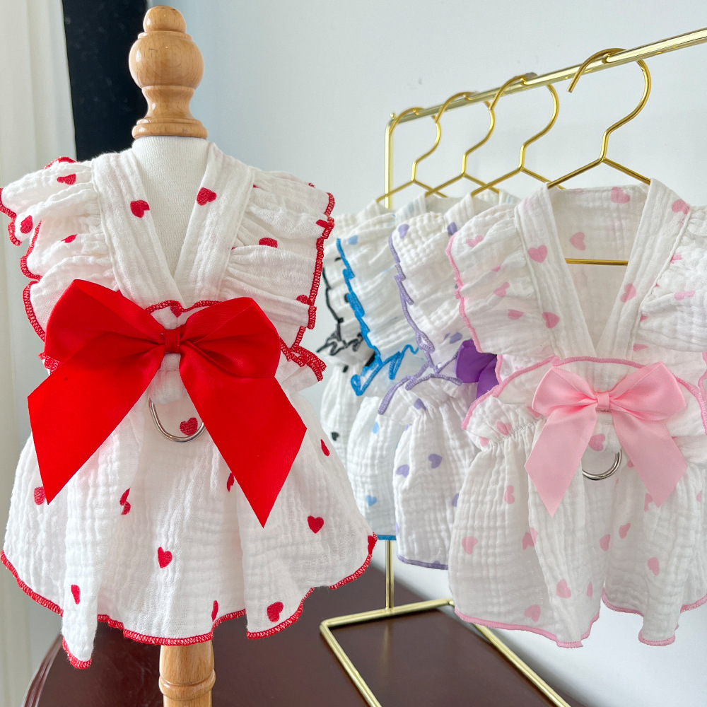Custom Pet Clothes French Chic Heart-Print Ruffled Dog Cat Dress with Bow