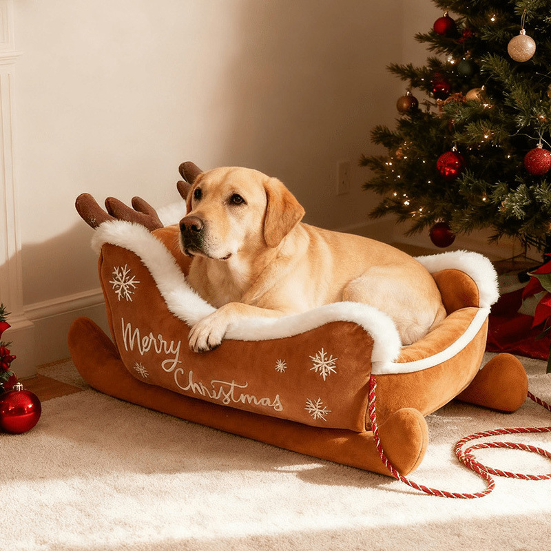 Creative Pet Bed Sled Shaped Plush Warm Christmas Dog Cat Sofa