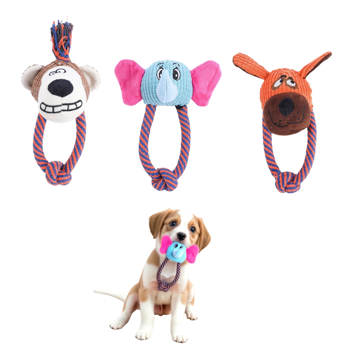 Pet Supply Custom Animal Head Plush Cotton Rope Dog Chew Toy