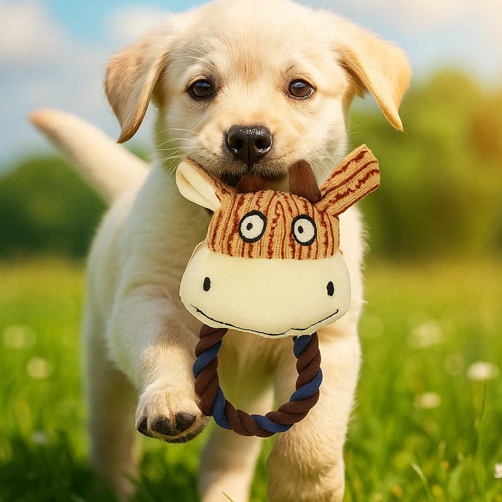 Custom Plush Animal Head Pet Dog Squeaky Chew Rope Teething Toy