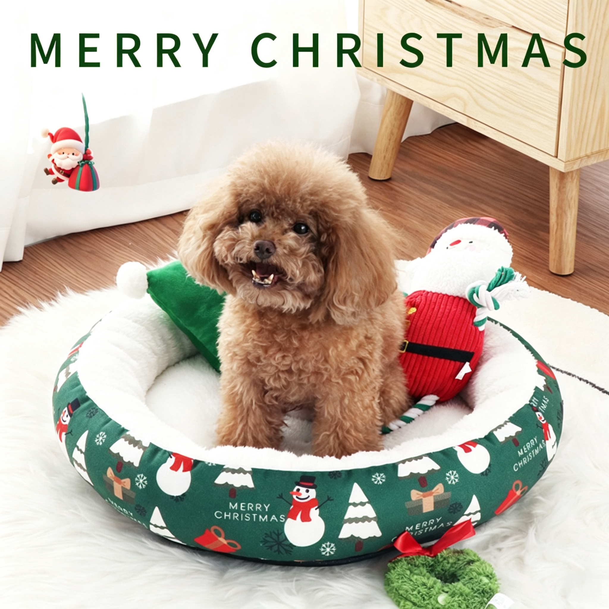 Festive Holiday Christmas Plush Furry Donut Pet Dog Warm Bed