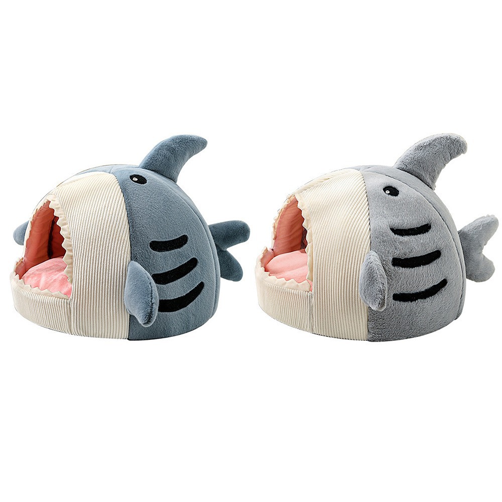 Shark Enclosed Plush Pet Cat Cave Bed with Removable Cushion