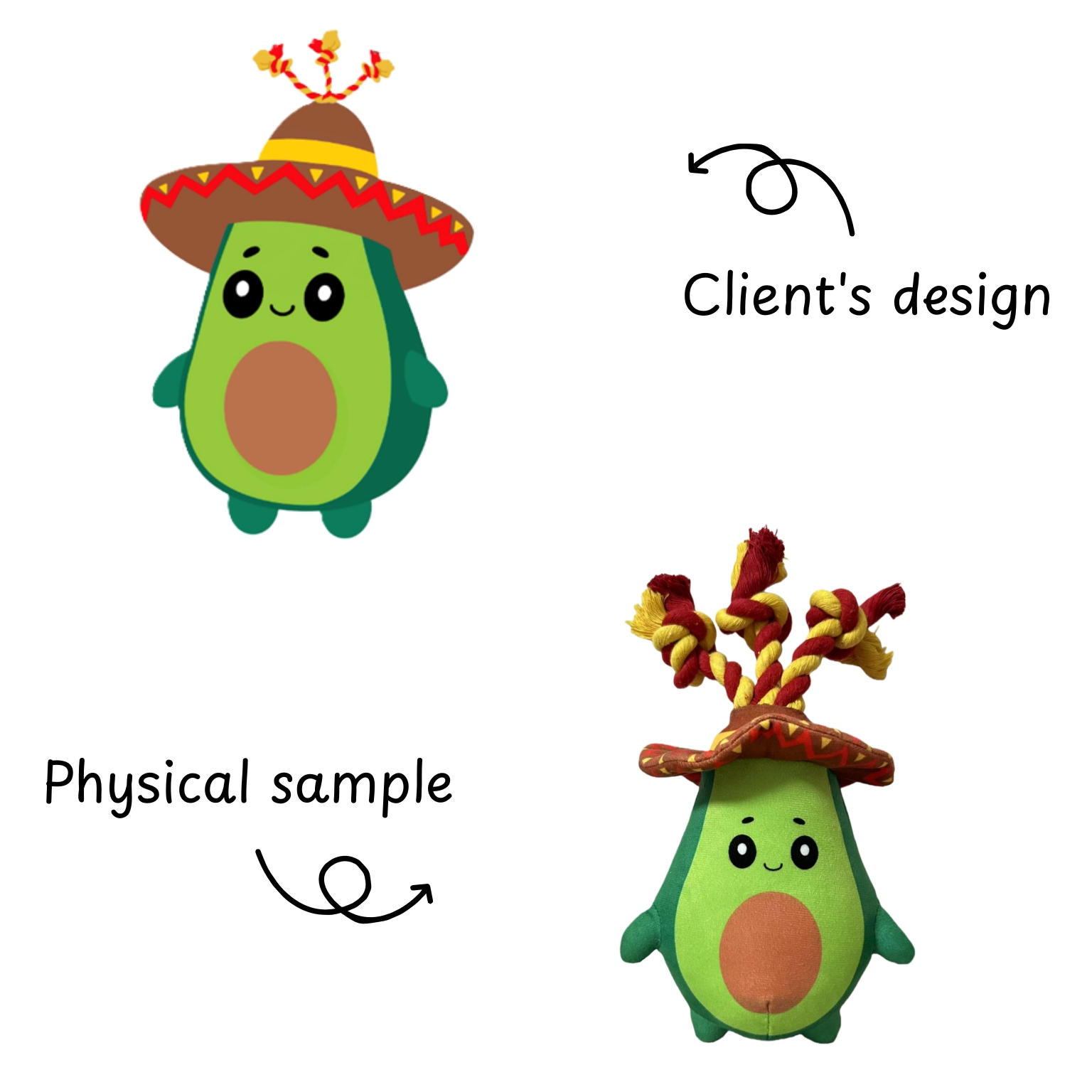 Avocado pet plush toy custom design and physical sample by pet supplies manufacturer