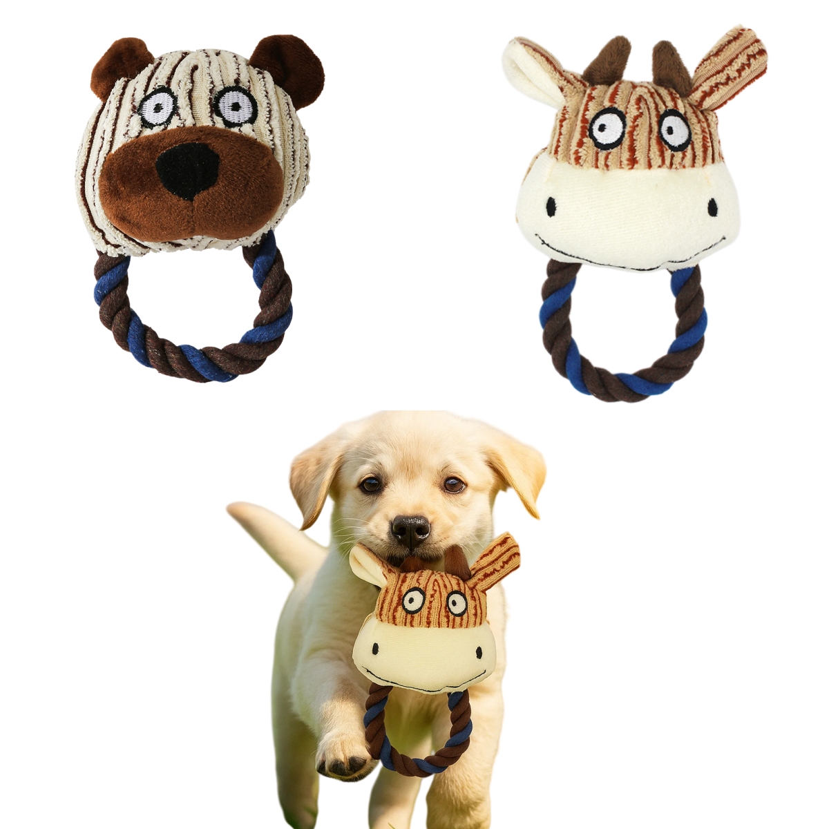 Custom Plush Animal Head Pet Dog Squeaky Chew Rope Teething Toy