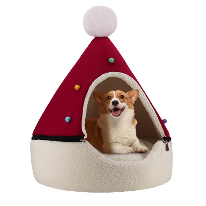 Santa Hat 2-in-1 Detachable Zip-Off Pet Cave Bed House Cushion