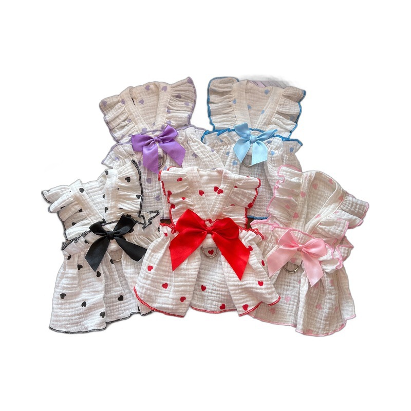 Custom Pet Clothes French Chic Heart-Print Ruffled Dog Cat Dress with Bow