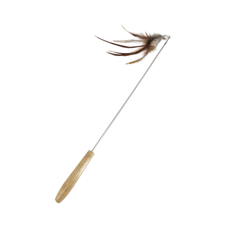 Custom Flexible Steel Wire Feather Cat Teaser Wand with Wooden Handle