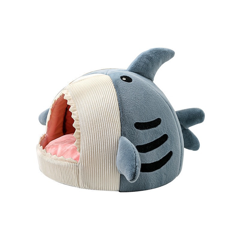 Shark Enclosed Plush Pet Cat Cave Bed with Removable Cushion