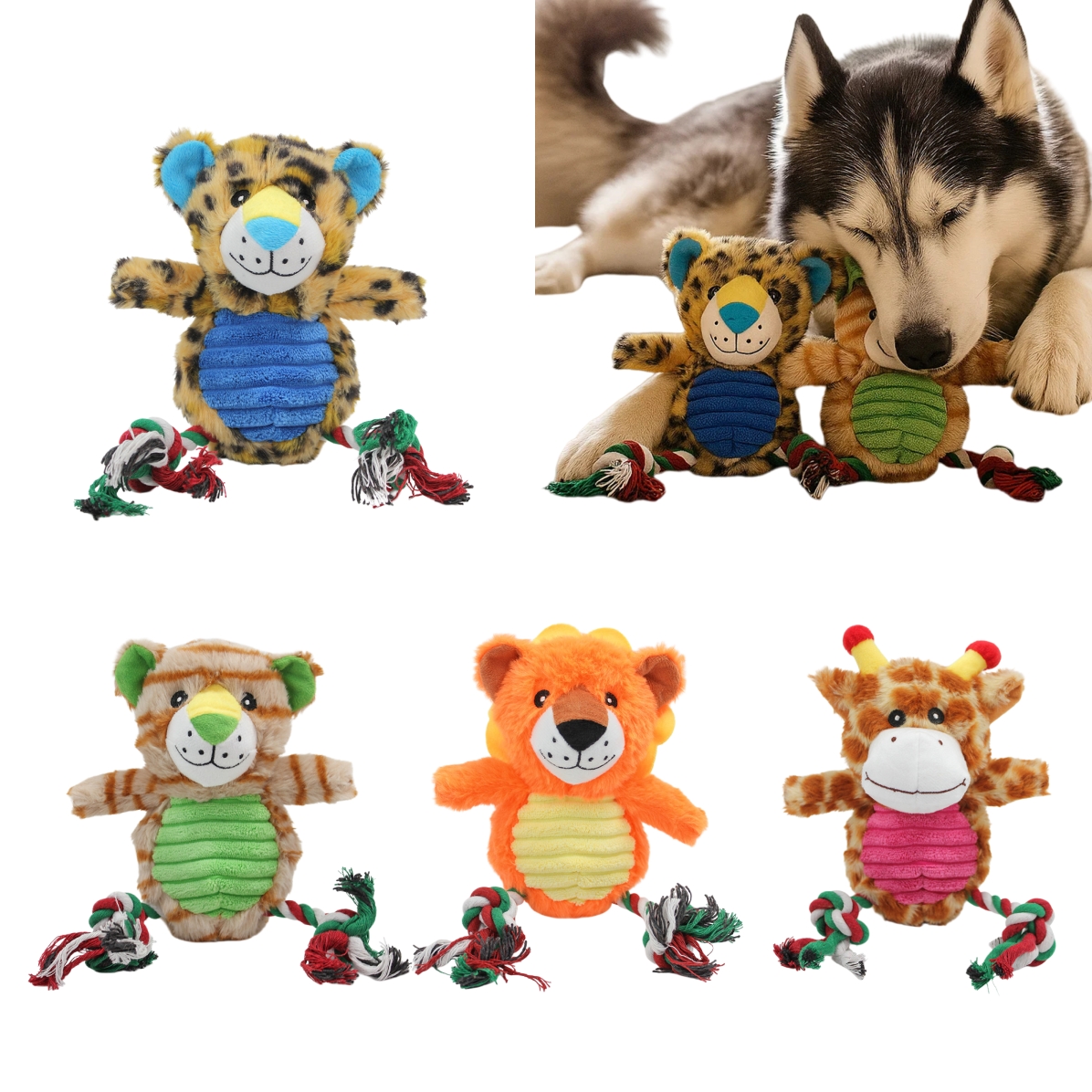 Custom Wildlife Design Pet Plush Dog Chew Squeaky Rope Toy