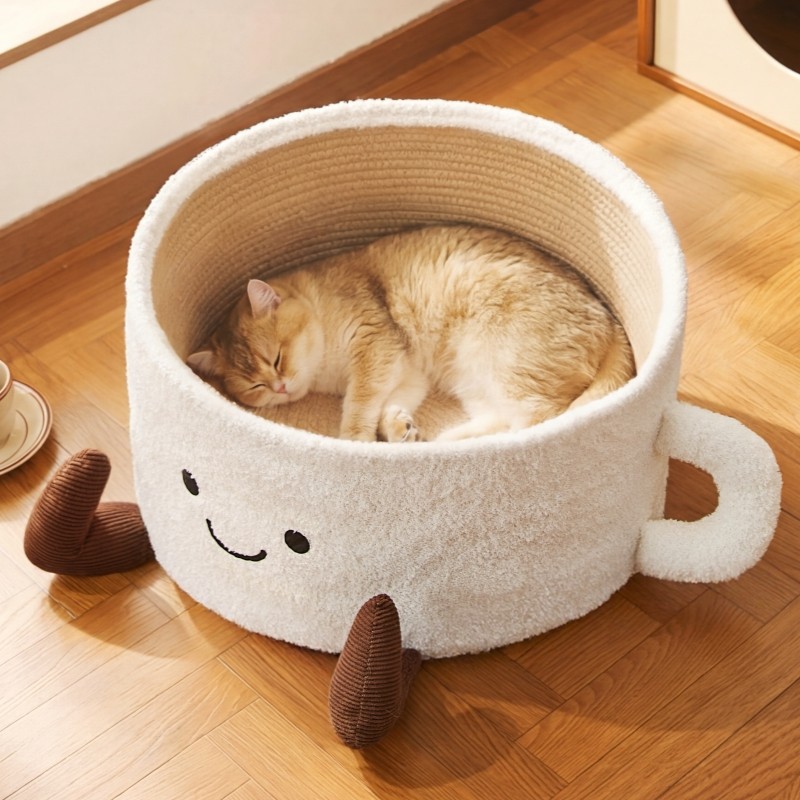 Cartoon Teacup-Style Plush Fleece Pet Basket Dog Cat Bed