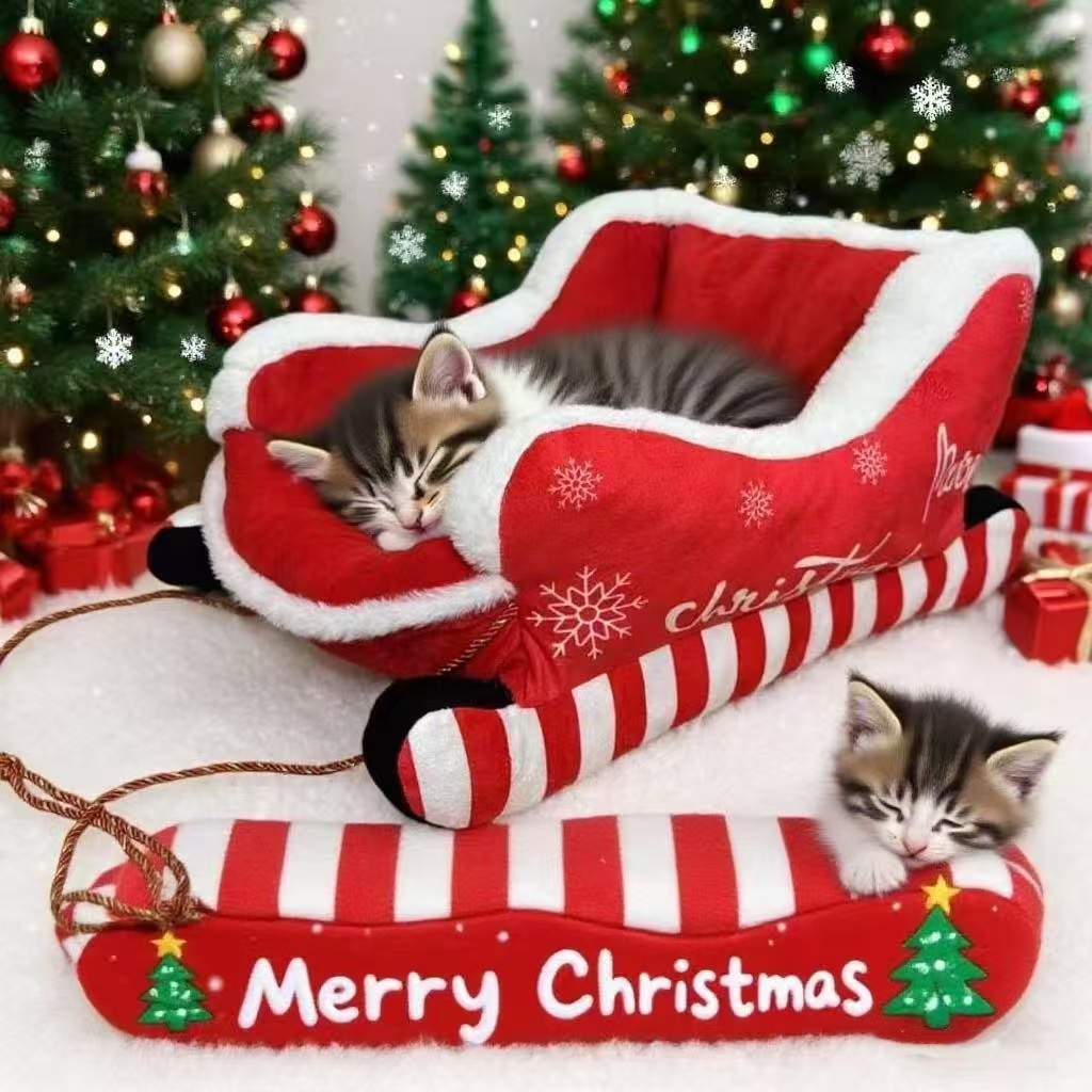Creative Pet Bed Sled Shaped Plush Warm Christmas Dog Cat Sofa