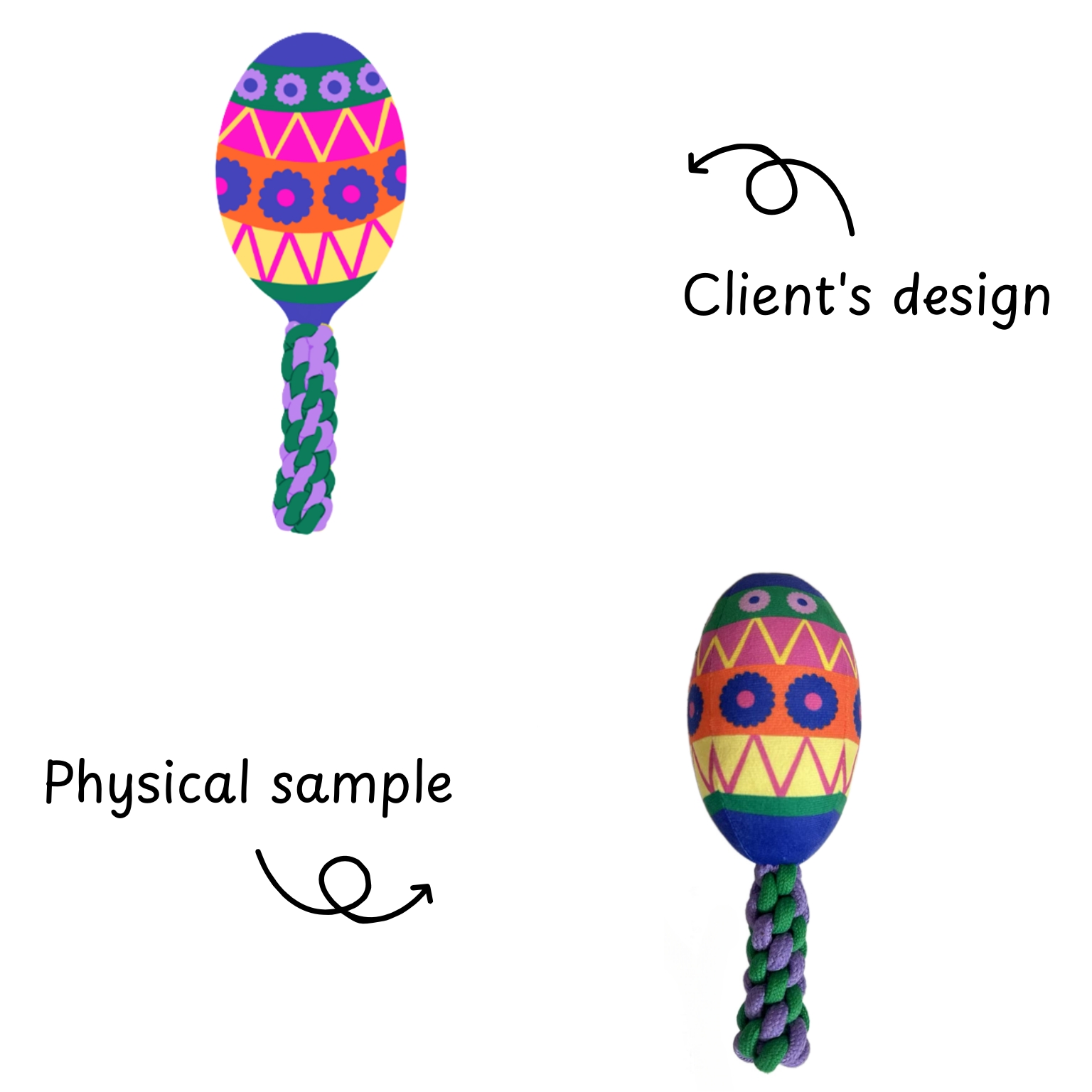 Colorful maraca custom pet toys physical sample process by pet supplies manufacturer
