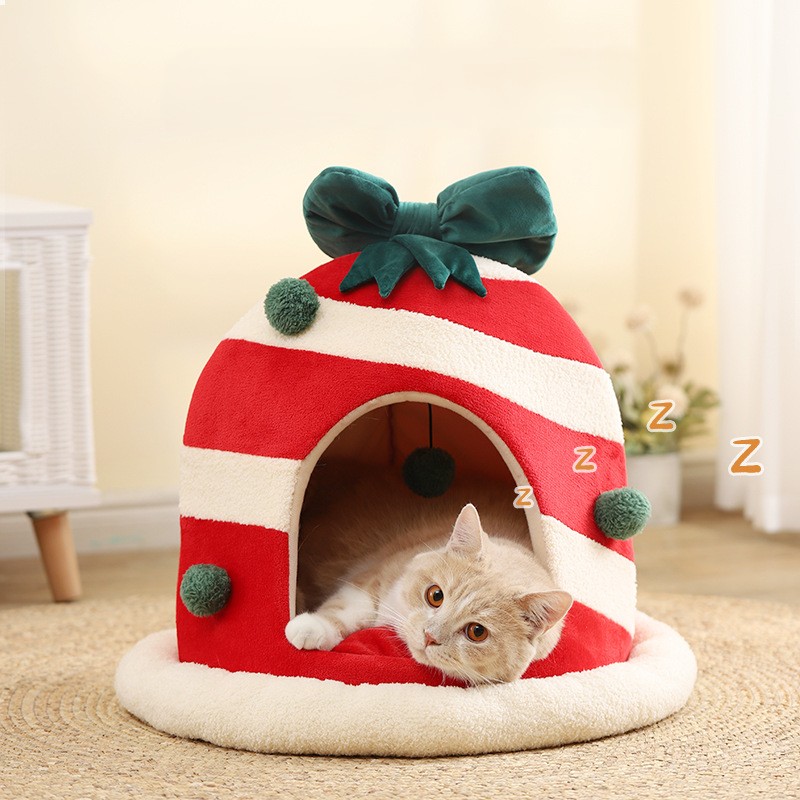 3-in-1 Pet Christmas Gift Holiday Dog Plush Bed Cave House