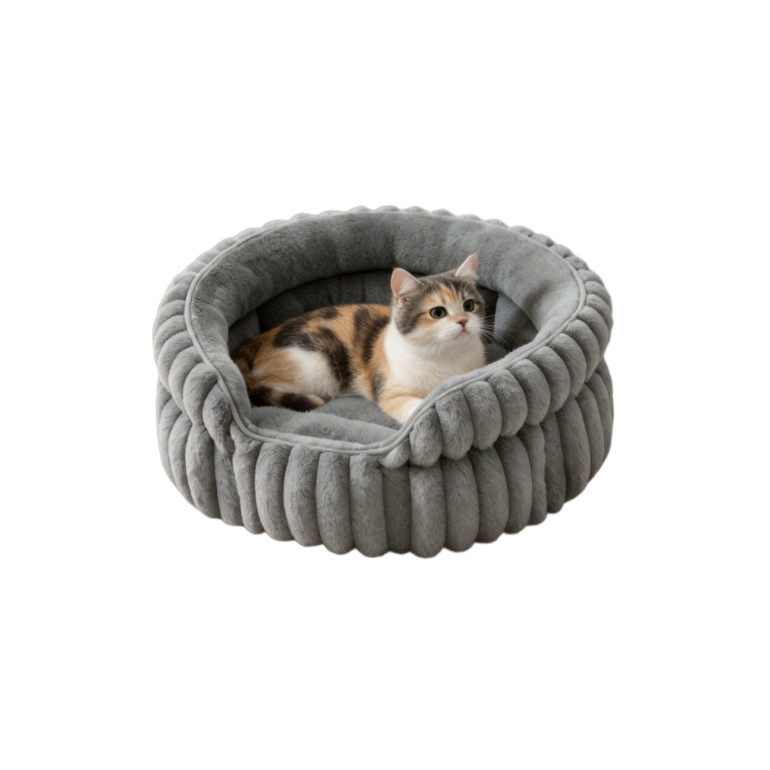 Luxury Striped Fluffy Pet Bed Warm Soft Round Cozy Cat Sleeping Nest