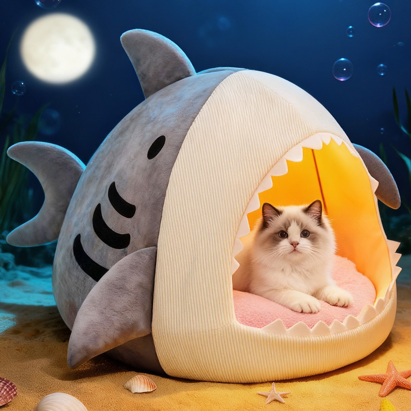 Shark Enclosed Plush Pet Cat Cave Bed with Removable Cushion